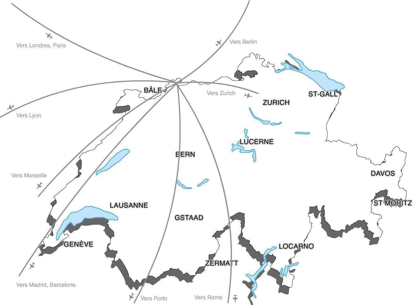 Carte aérienne en direction de la Suisse